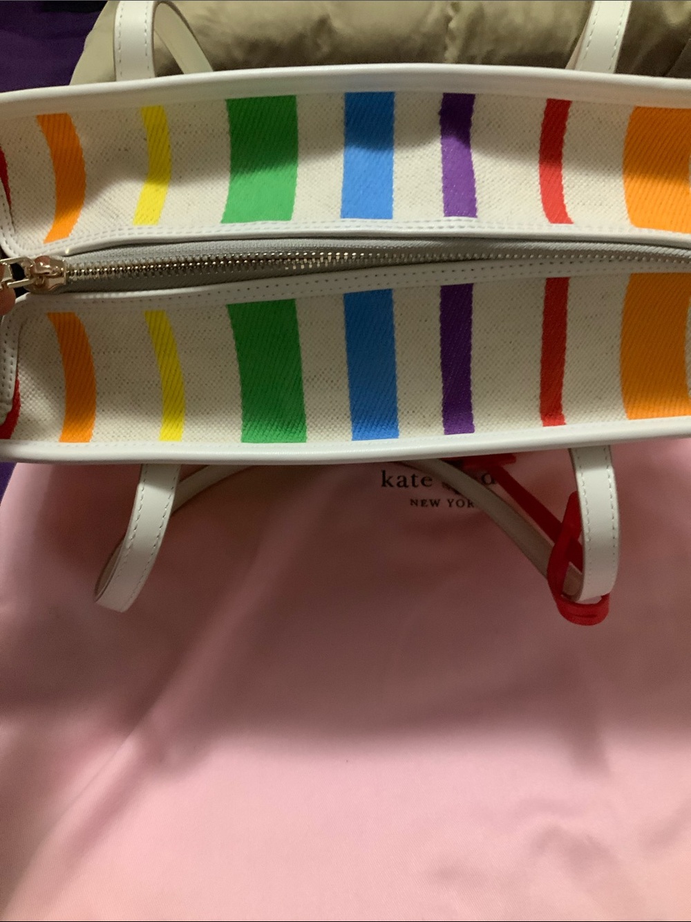 kate spade Multicolor Stripe White Tote with Heart Charm - Picture 10 of 11